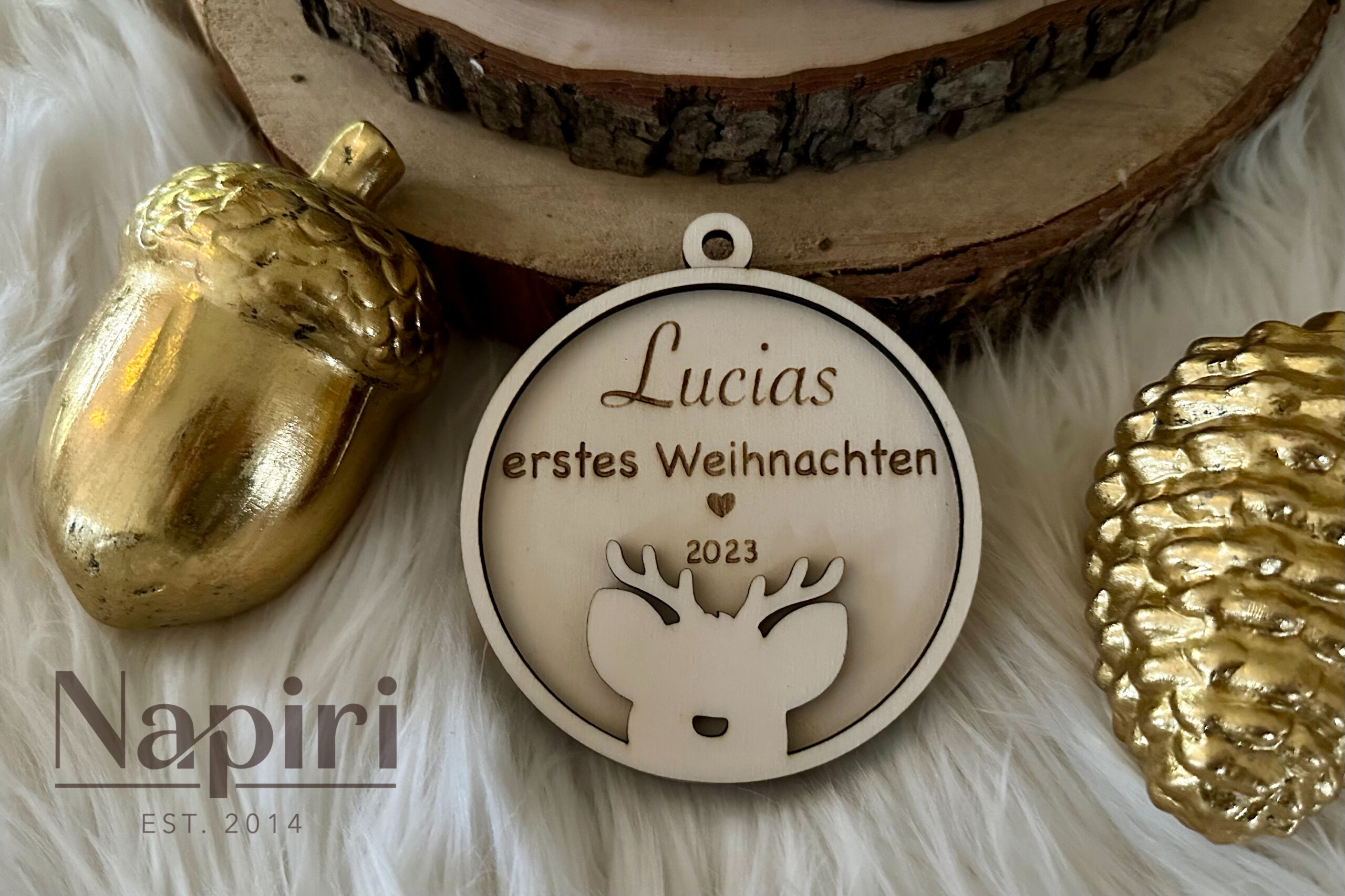 Weihnachtskugel aus Holz, personalisiert, Babys 1. Weihnachten